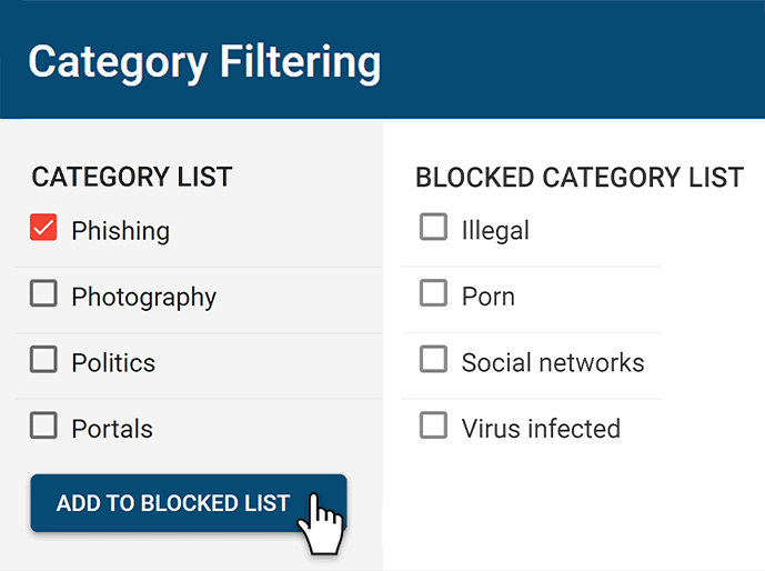 Screenshot of category filtering window from BrowseControl web filter. Porn and social media categories blocked.