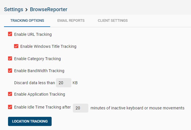 Tracking options window for BrowseReporter employee monitoring software - checkboxes to disable tracking types
