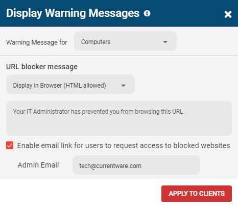 Screenshot of BrowseControl's "Display Warning Messages" window with a message for users that visit a blocked website