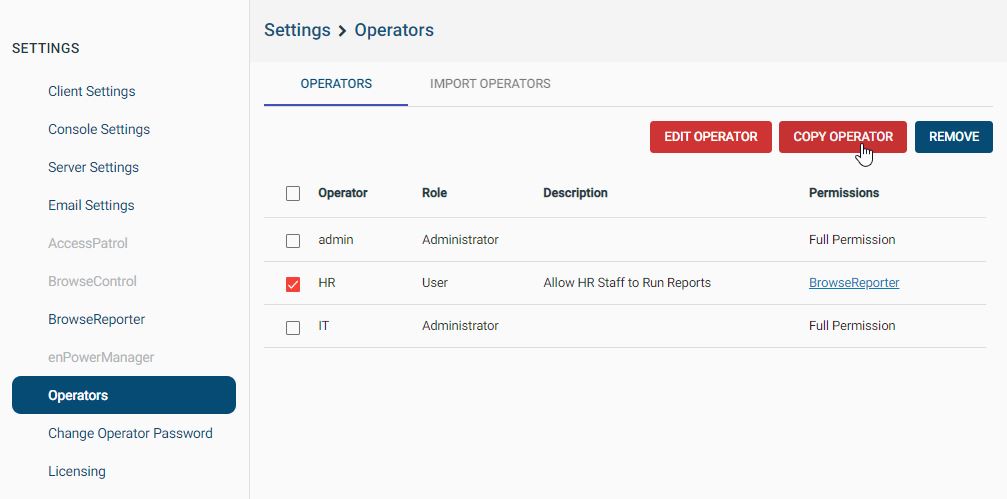 CurrentWare operator settings with "Copy Operator" selected