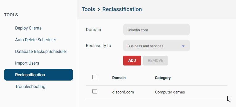 CurrentWare website category reclassification tool. Discord changed to computer games, LinkedIn changed to business and services