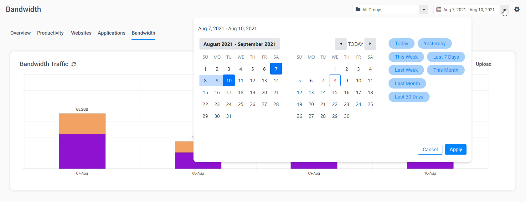 BrowseReporter data dashboard calendar range selection
