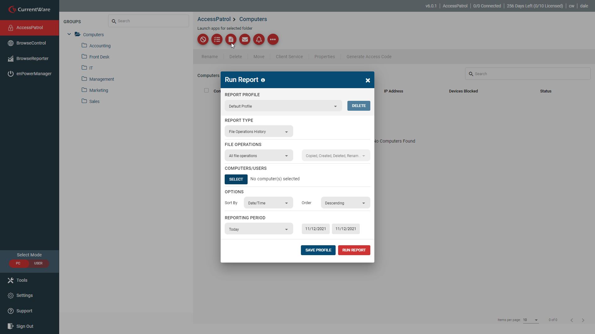 AccessPatrol USB device reports feature window