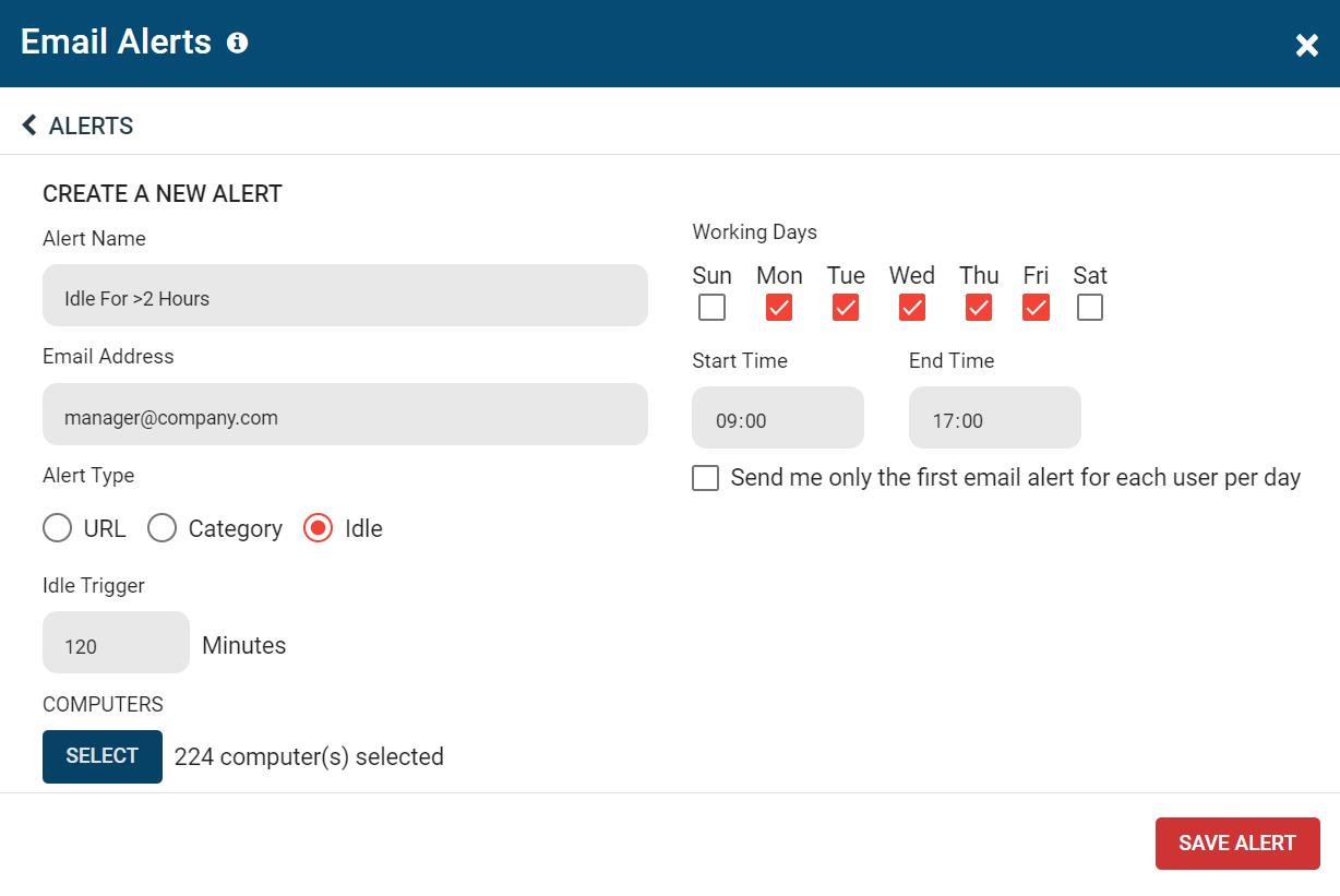 Screenshot of BrowseReporter's employee idle time alerts setup window