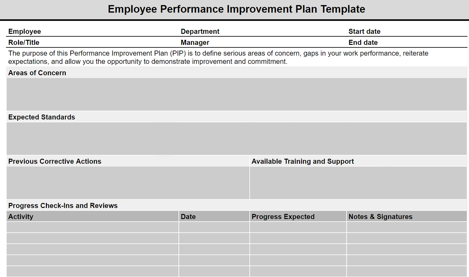 Mockup of a employee performance improvement plan template