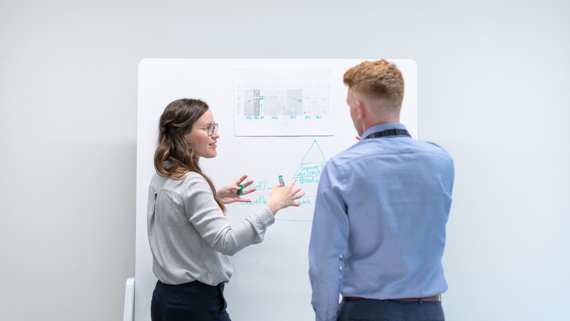 Man and a woman having a discussion in front of a white board