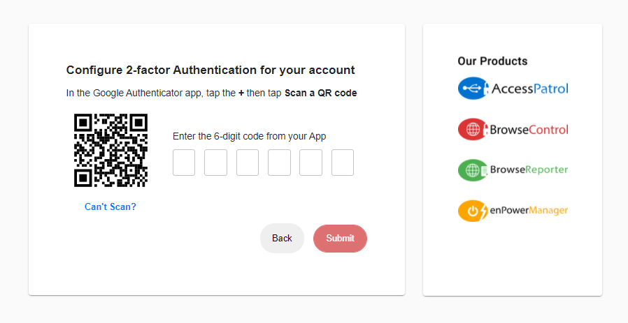 Screenshot of CurrentWare's two-factor authentication setup window