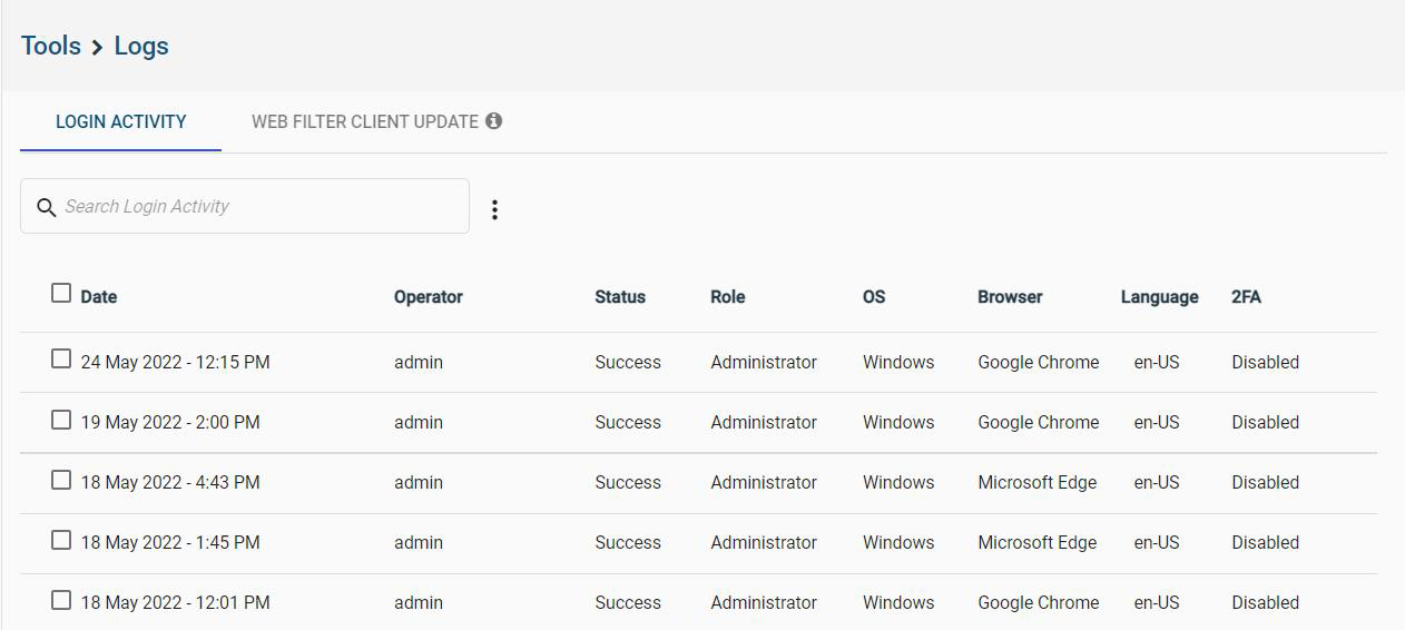 CurrentWare' admin login activity log with five entries across various dates. Displays the username, login status, role, operating system, browser, language, and 2FA status