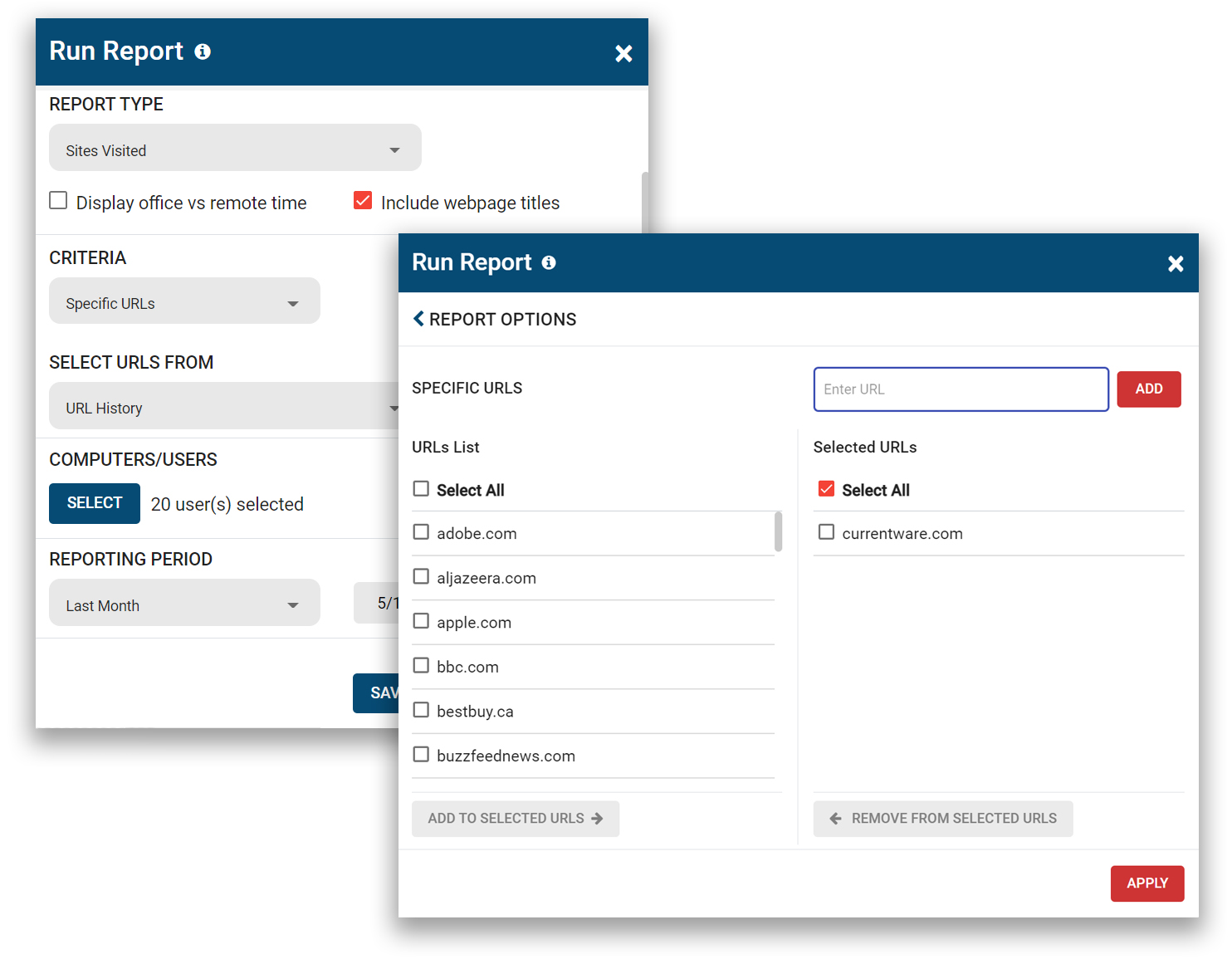 Configuration window for BrowseReporter's specific URLs report