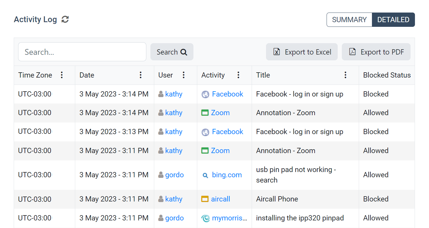 BrowseReporter app and website activity log with block status and time zone