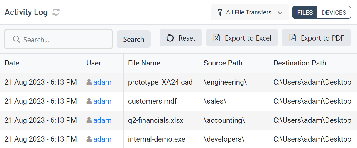 Network share drive file transfers log