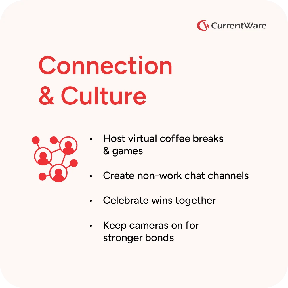 How to build remote team connection and culture: Host virtual events, create non-work channels, celebrate wins, and keep cameras on.